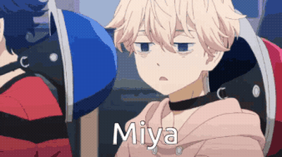 A Cartoon Character With The Name Miya Written On His Chest GIF