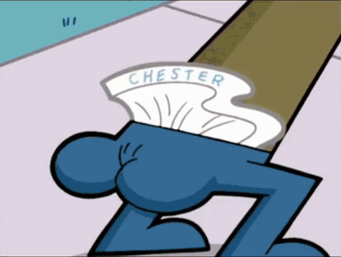 A Cartoon Character With The Word Chester Written On His Chest GIF