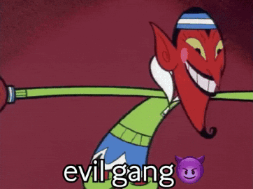 A Cartoon Character With The Word Evil Gang Written On It GIF