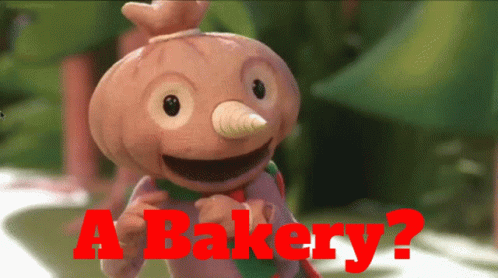 A Cartoon Character With The Words A Bakery In Red Letters GIF