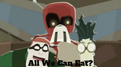 A Cartoon Character With The Words All We Can Eat Below Him GIF