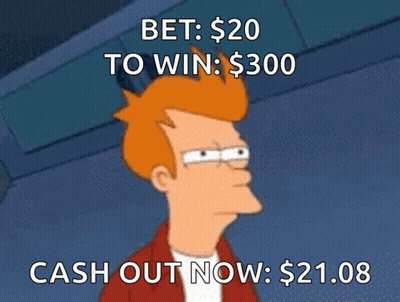 A Cartoon Character With The Words Bet $ 20 To Win $ 300 Cash Out Now $ 21.08 GIF