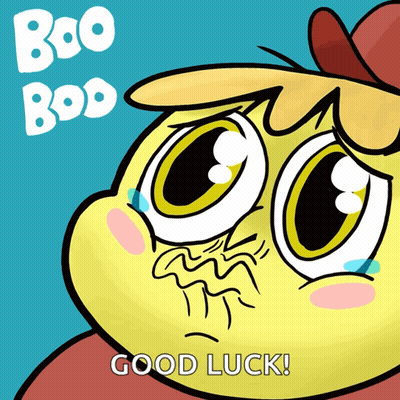 A Cartoon Character With The Words Boo Boo Good Luck Below It GIF