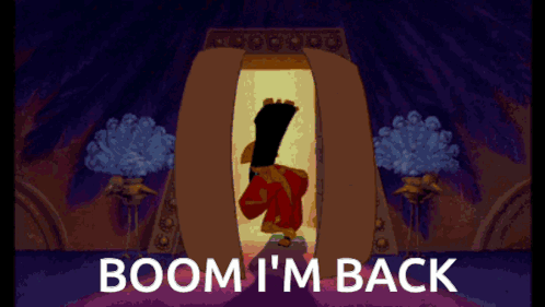A Cartoon Character With The Words Boom I 'M Back Above Him GIF