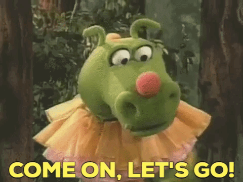 A Cartoon Character With The Words Come On Let 'S Go Written On The Bottom GIF