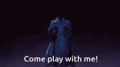 A Cartoon Character With The Words Come Play With Me GIF