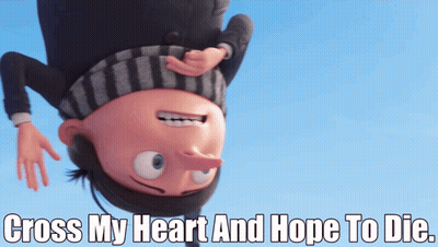 A Cartoon Character With The Words Cross My Heart And Hope To Die Below Him GIF