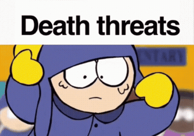 A Cartoon Character With The Words Death Threats On It GIF