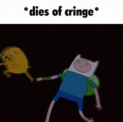 A Cartoon Character With The Words " Dies Of Cringe " On The Bottom GIF