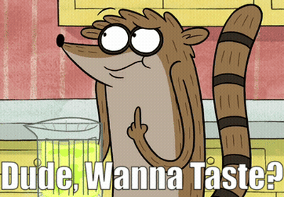 A Cartoon Character With The Words Dude Wanna Taste Written Below Him GIF