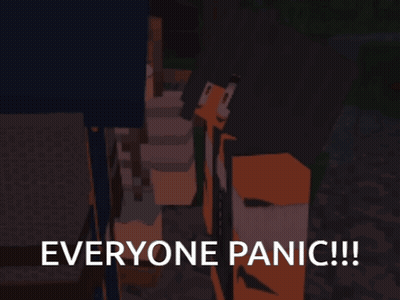 A Cartoon Character With The Words Everyone Panic Written On The Bottom GIF
