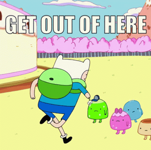 A Cartoon Character With The Words Get Out Of Here GIF