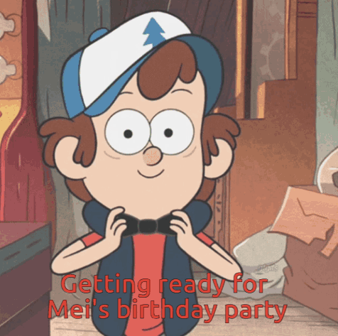 A Cartoon Character With The Words Getting Ready For Mei 'S Birthday Party GIF