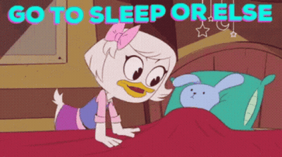 A Cartoon Character With The Words Go To Sleep Or Else Written Above Her GIF