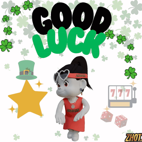 A Cartoon Character With The Words Good Luck Written Above Her GIF