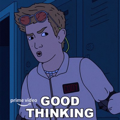 A Cartoon Character With The Words Good Thinking On The Bottom Right GIF