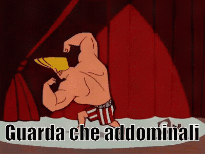 A Cartoon Character With The Words Guarda Che Addominali Below Him GIF