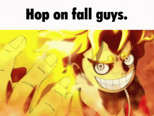 A Cartoon Character With The Words Hop On Fall Guys Above Him GIF