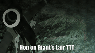 A Cartoon Character With The Words Hop On Giant 'S Lair Ttt GIF