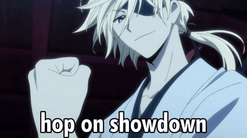 A Cartoon Character With The Words Hop On Showdown Written Below Him GIF