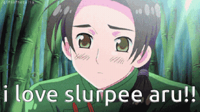 A Cartoon Character With The Words I Love Slurpee Aru On The Bottom GIF