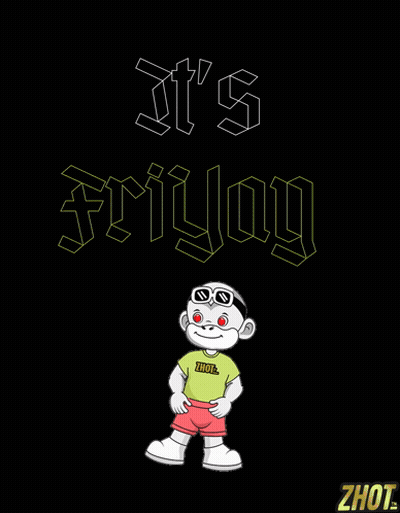 A Cartoon Character With The Words It 'S Friday Written Above Him GIF