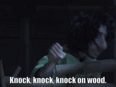 A Cartoon Character With The Words Knock Knock Knock On Wood Below Him GIF