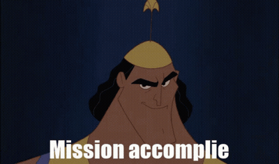 A Cartoon Character With The Words Mission Accomplie Written Below Him GIF
