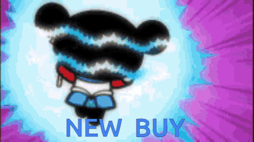 A Cartoon Character With The Words New Buy Written Below It GIF