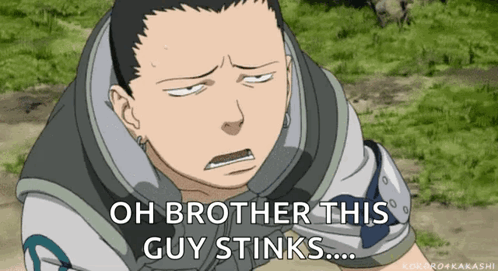 A Cartoon Character With The Words Oh Brother This Guy Stinks Below Him GIF