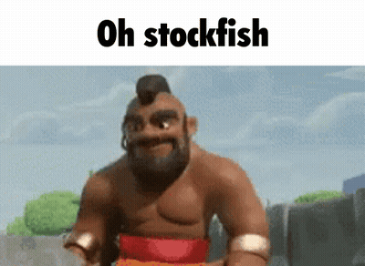 A Cartoon Character With The Words Oh Stockfish Written Above Him . GIF