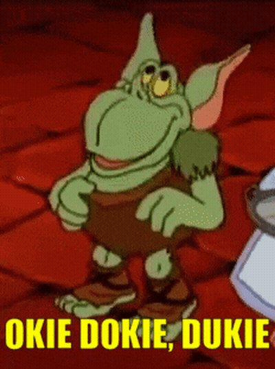 A Cartoon Character With The Words Okie Dokie Dukie In Yellow Letters GIF
