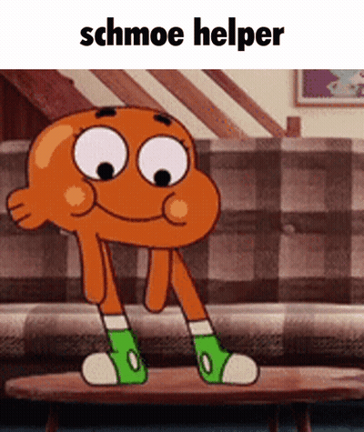 A Cartoon Character With The Words Schmoe Helper Written On The Bottom GIF
