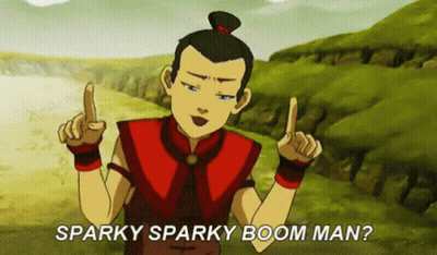 A Cartoon Character With The Words Sparky Sparky Boom Man Above Him GIF