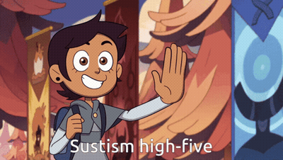A Cartoon Character With The Words Sustism High-Five Written On The Bottom GIF