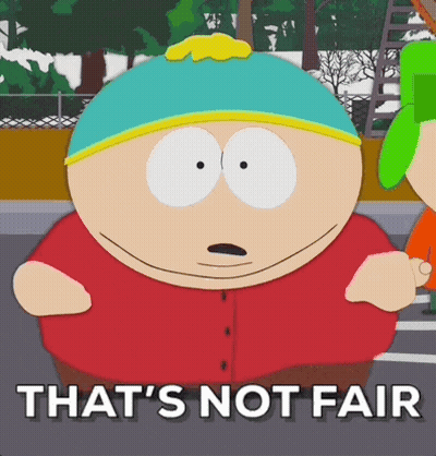 A Cartoon Character With The Words That 'S Not Fair On The Bottom GIF