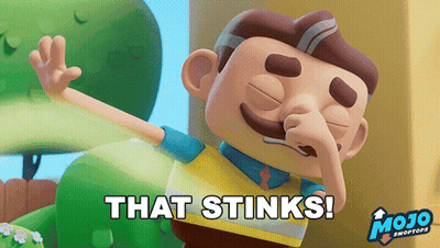 A Cartoon Character With The Words That Stinks Written Below Him GIF