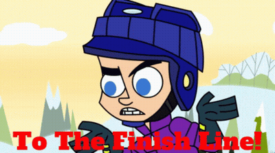 A Cartoon Character With The Words To The Finish Line On The Bottom Right GIF