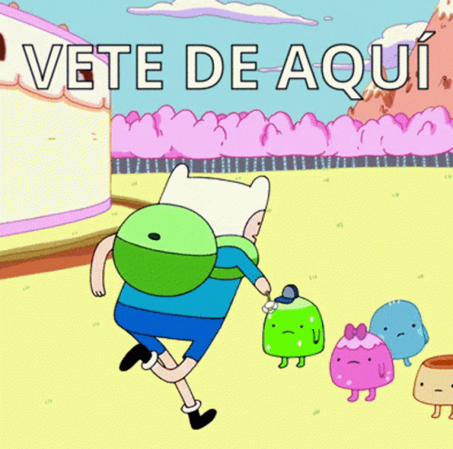 A Cartoon Character With The Words Vete De Aqui Written On The Bottom GIF