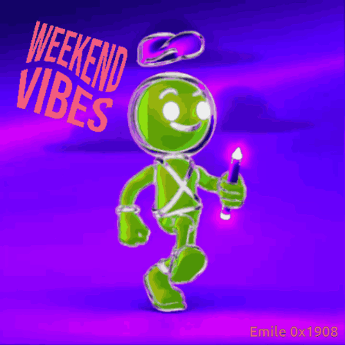 A Cartoon Character With The Words Weekend Vibes Written On The Bottom GIF