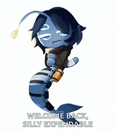 A Cartoon Character With The Words Welcome Back Silly Expendable On It GIF