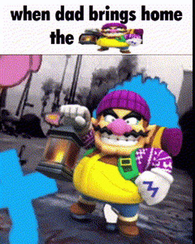 A Cartoon Character With The Words When Dad Brings Home The T On The Bottom GIF