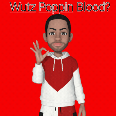 A Cartoon Character With The Words Wutz Poppin Blood GIF