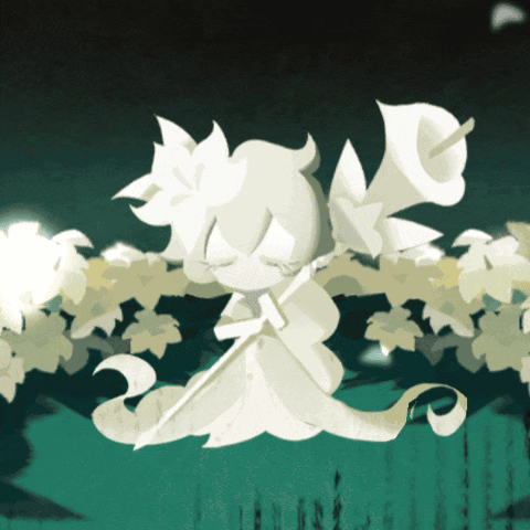A Cartoon Character With White Flowers And Leaves On A Dark Background GIF