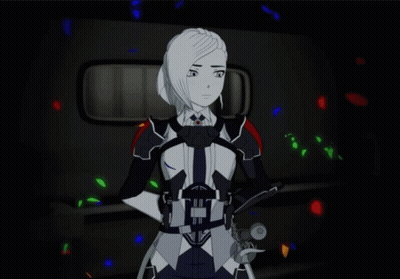 A Cartoon Character With White Hair And A Black And White Outfit Has The Letter H On Her Chest GIF