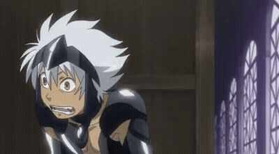 A Cartoon Character With White Hair And A Helmet Is Standing In Front Of A Fence . GIF