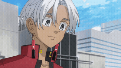 A Cartoon Character With White Hair And A Red Jacket Looks At The Camera GIF
