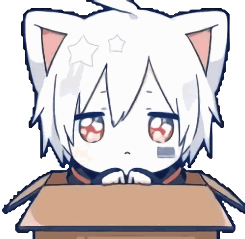 A Cartoon Character With White Hair And Cat Ears Is Sleeping In A Box Sticker