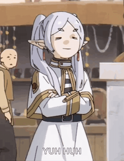 A Cartoon Character With White Hair And Ears Is Standing With Her Arms Crossed And Says Yuh Huh . GIF