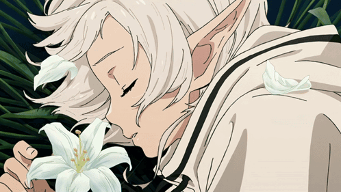 A Cartoon Character With White Hair And Elf Ears Smells A White Flower GIF